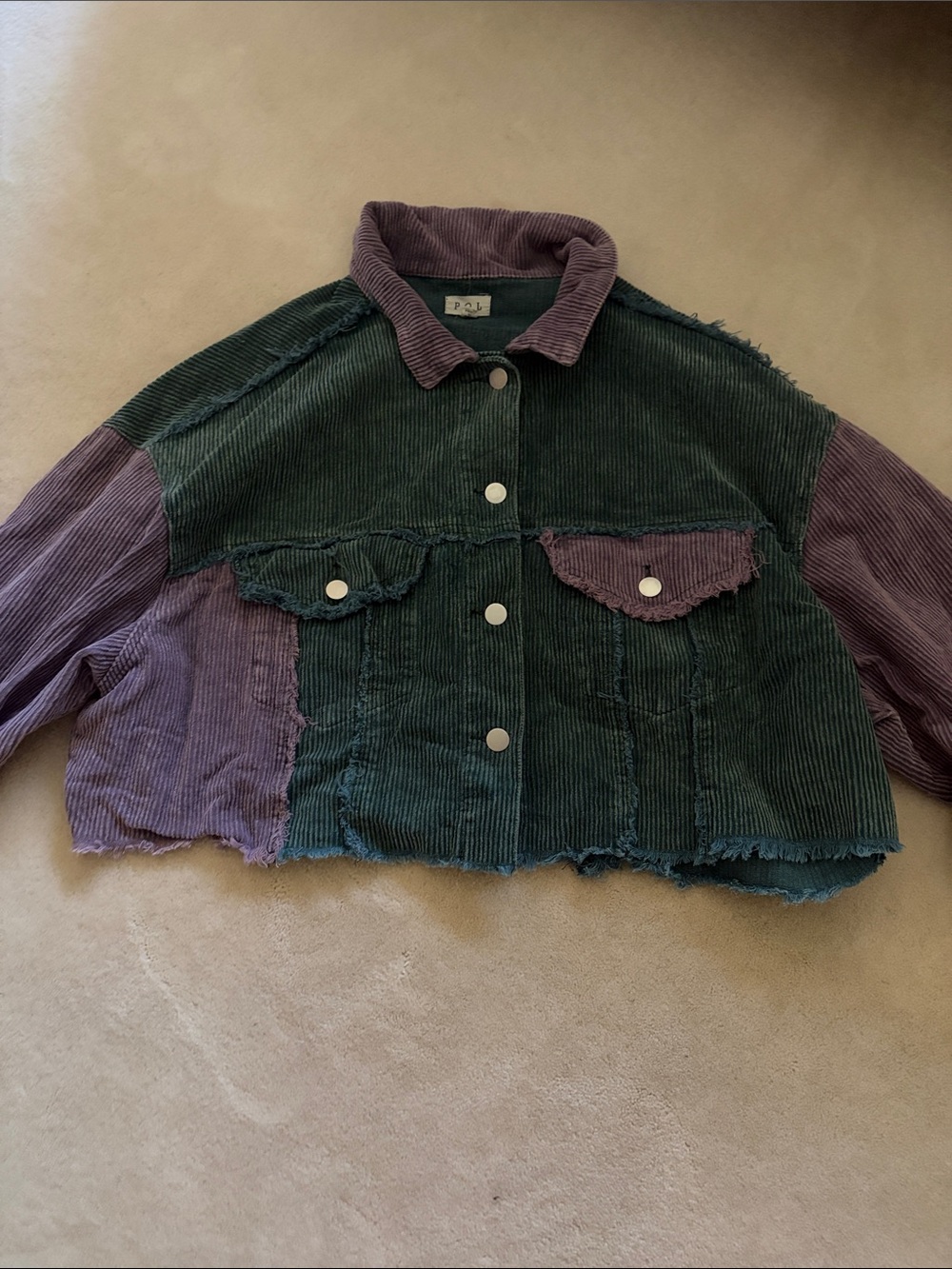 POL Corduroy Patchwork Cropped Jacket in Forest Green & Dusty Purple